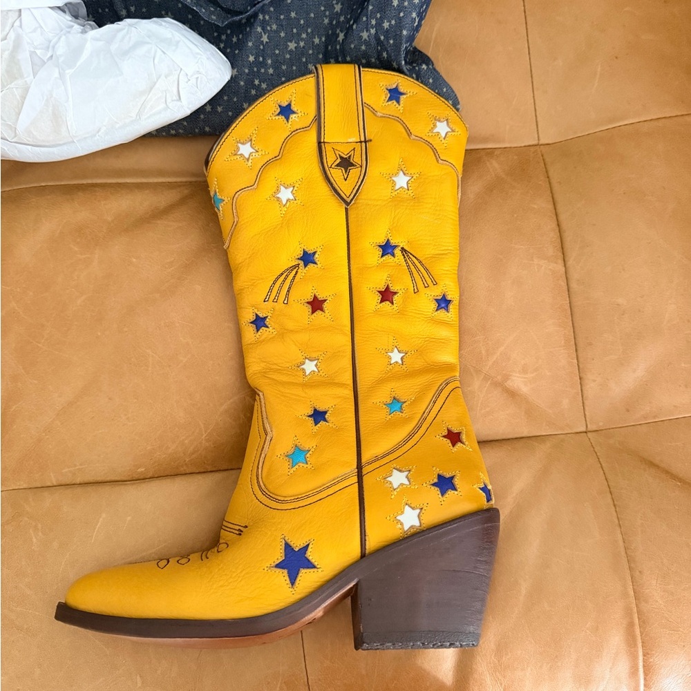 Chasing Unicorns Yellow Leather Cowboy Boots with Multicolor Star Appliqués - Picture 4 of 9